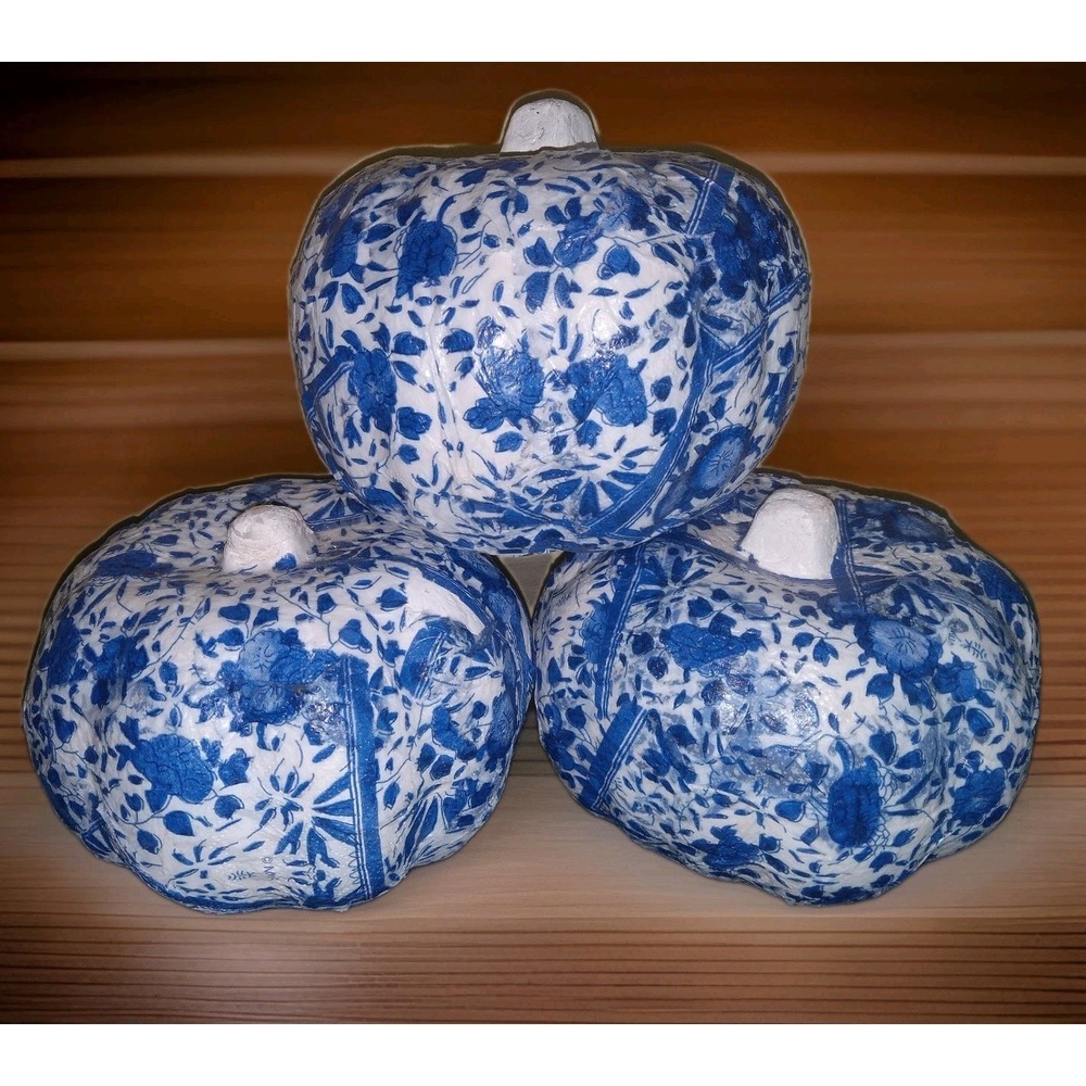 3 Pcs Faux Decorative Handpainted Blue White Pumpkins Chinoiserie Chic Pumpkins